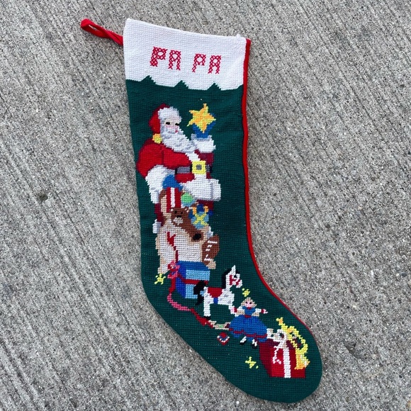Vintage Needlepoint Cross stitch Tree Christmas Stocking Wool Velvet 20” Papa - Picture 1 of 4